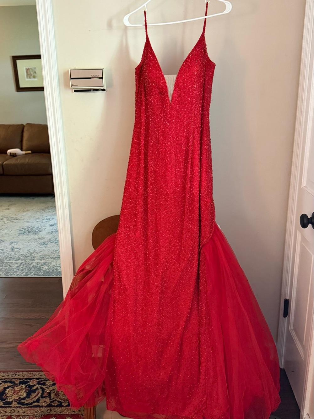 Sherri Hill Red Beaded Spaghetti-Strap Prom Gown